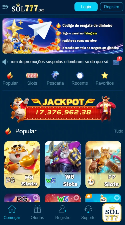 Tela de jogo de slots no app premium sol777