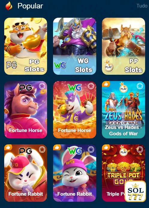 Interface do app mobile sol777 com acesso rápido ao cassino